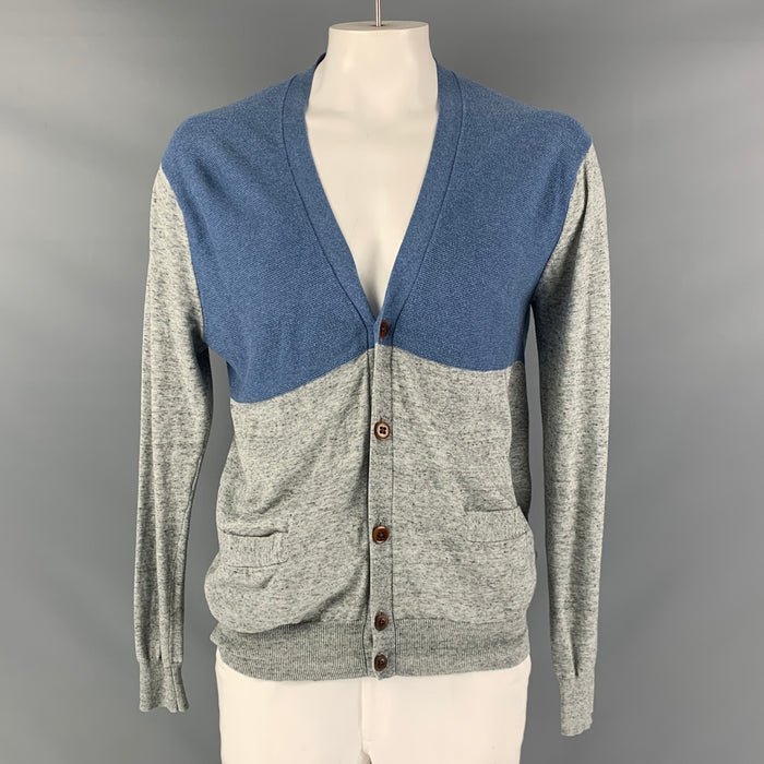 PAUL SMITH Size XL Grey Blue Color Block Cotton V-Neck Cardigan