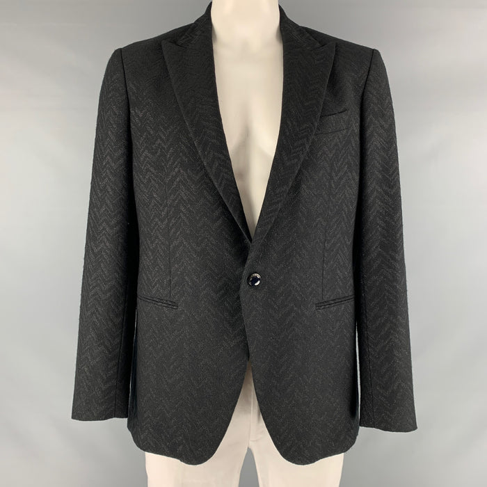ETRO Size 44 Black Metallic Chevron Wool Blend Peak Lapel Sport Coat