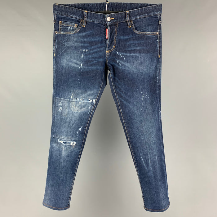 DSQUARED2 Size 32 Blue Distressed Cotton Knee Patch Slim Jeans