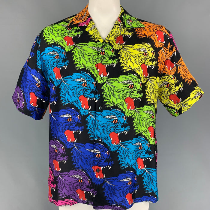 GUCCI Size XL Multi-Color Print Silk Camp Short Sleeve Shirt
