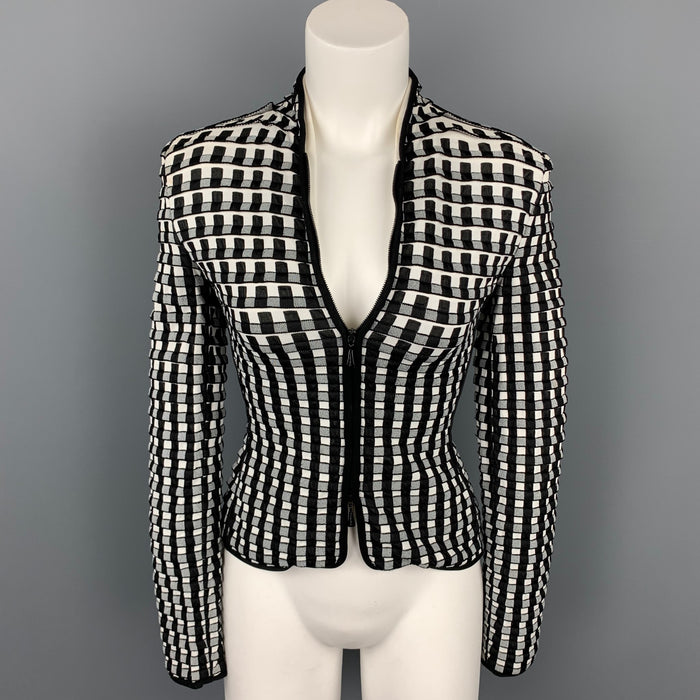 GIORGIO ARMANI Size 0 Black & White Textured Viscose Blend Jacket Blazer