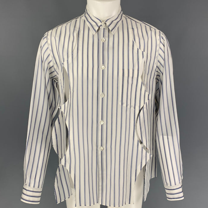 COMME des GARCONS HOMME PLUS Size M White Navy Stripe Cupra Long Sleeve Shirt