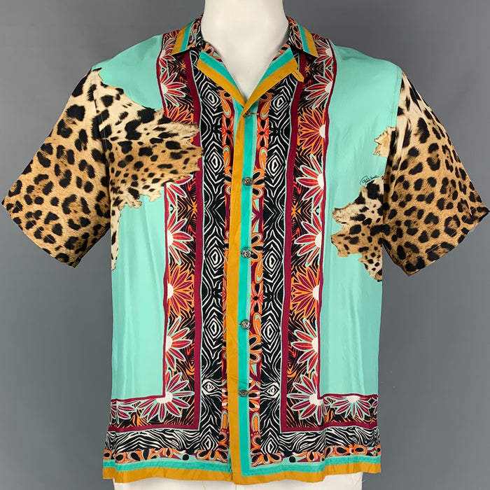 ROBERTO CAVALLI Size 48 Multi-Color Animal Print Silk Short Sleeve Shirt