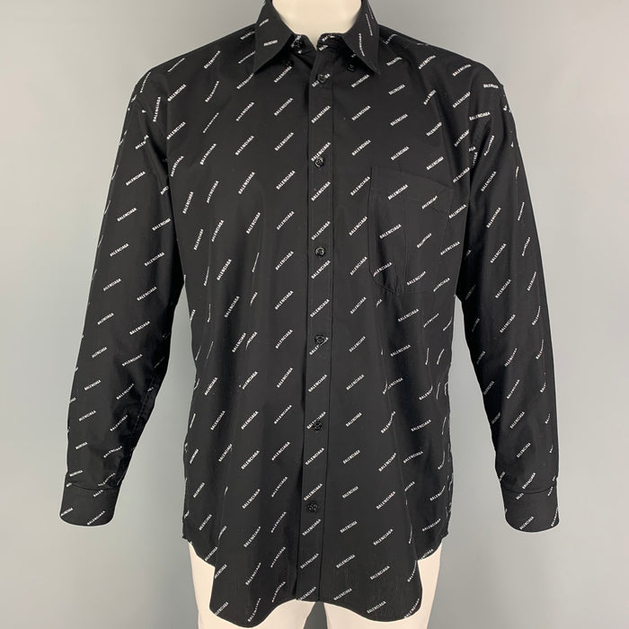 BALENCIAGA Size M Black White Logo Cotton Button Down Long Sleeve Shirt