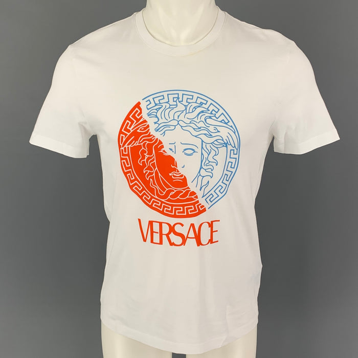 VERSACE Size S White Red Print Cotton Crew-Neck T-shirt