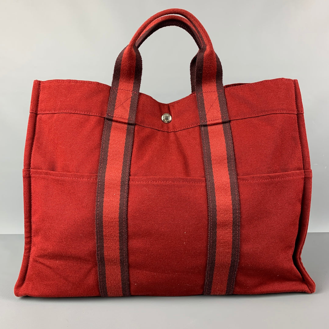 HERMES Tout Fourre Burgundy Cotton Canvas Tote Bag