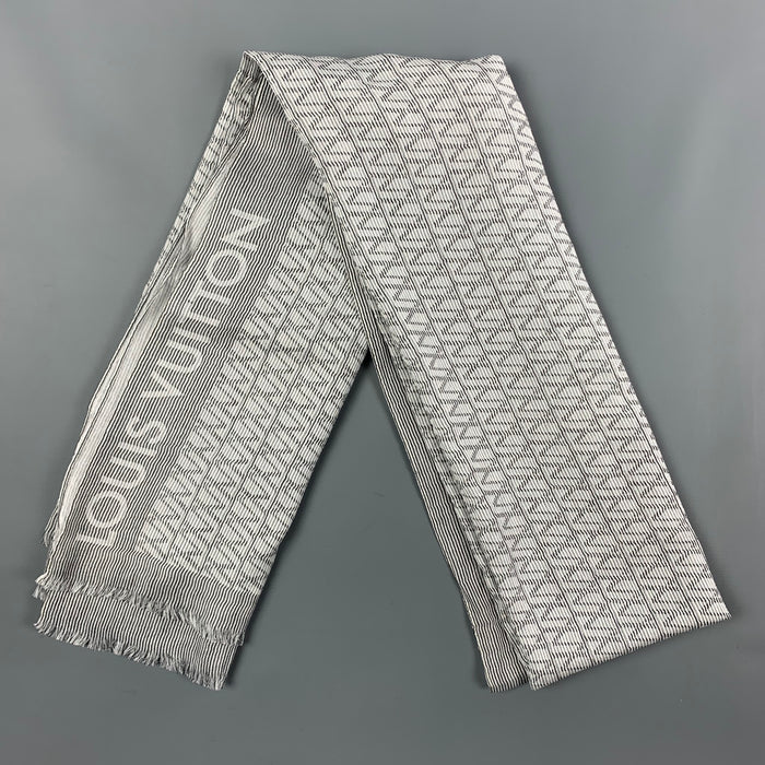 LOUIS VUITTON White Grey Stripe Cotton Silk Scarf