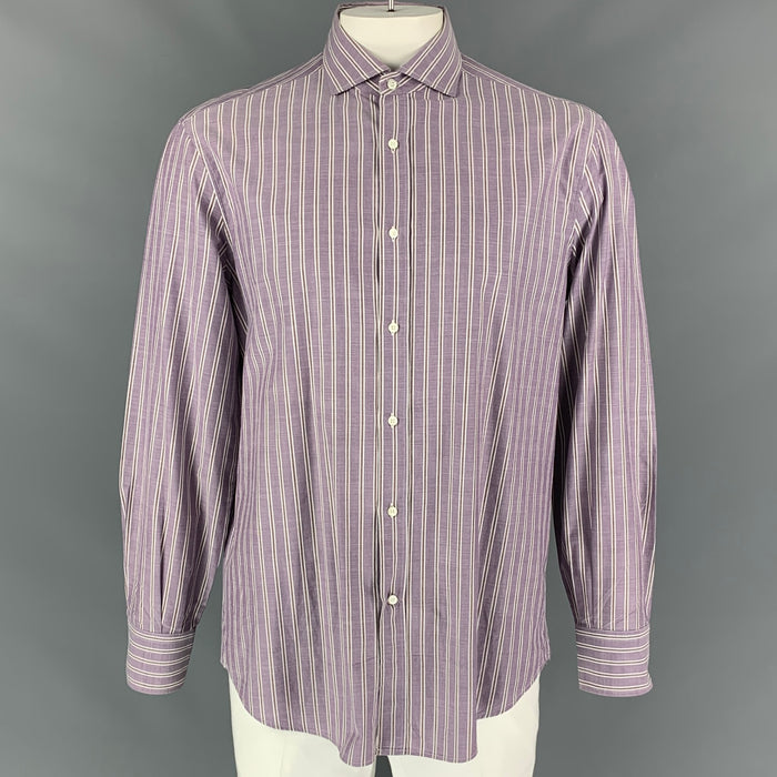 BRUNELLO CUCINELLI Size XXL Purple Stripe Cotton Basic Fit Long Sleeve Shirt
