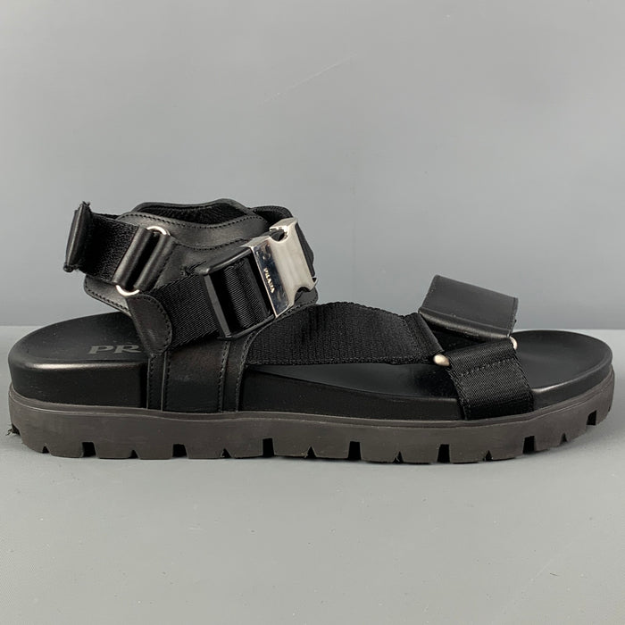 PRADA Size 8 Black Leather Belted Buckle Sandals