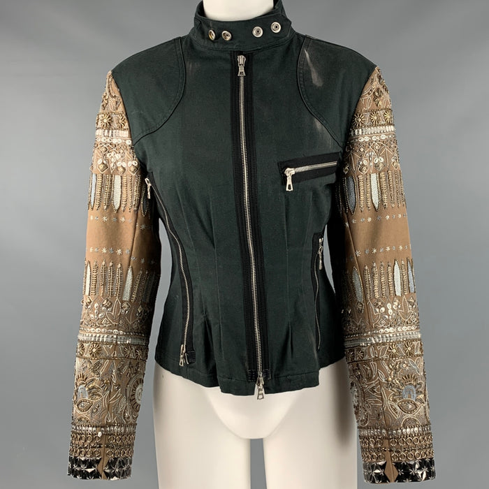DRIES VAN NOTEN Size 6 Beige Green Cotton Elastane Beaded Jacket