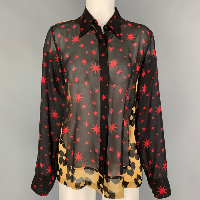 DRIES VAN NOTEN Size 8 Black Red Silk Stars Long Sleeve Blouse