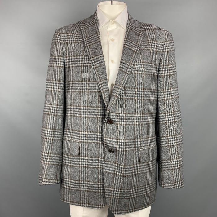 ERMENEGILDO ZEGNA Size 48 Regular Grey & Brown Plaid Cashmere Sport Coat
