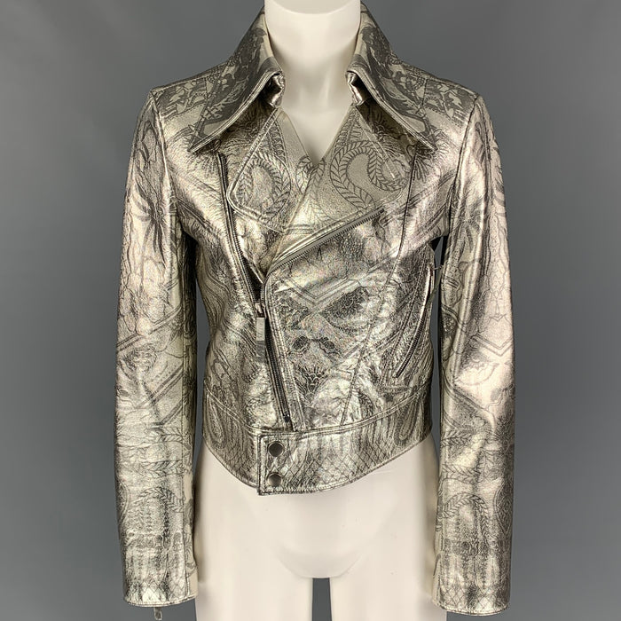 ROBERTO CAVALLI Size 4 Silver Print Leather Metallic Cropped Biker Jacket