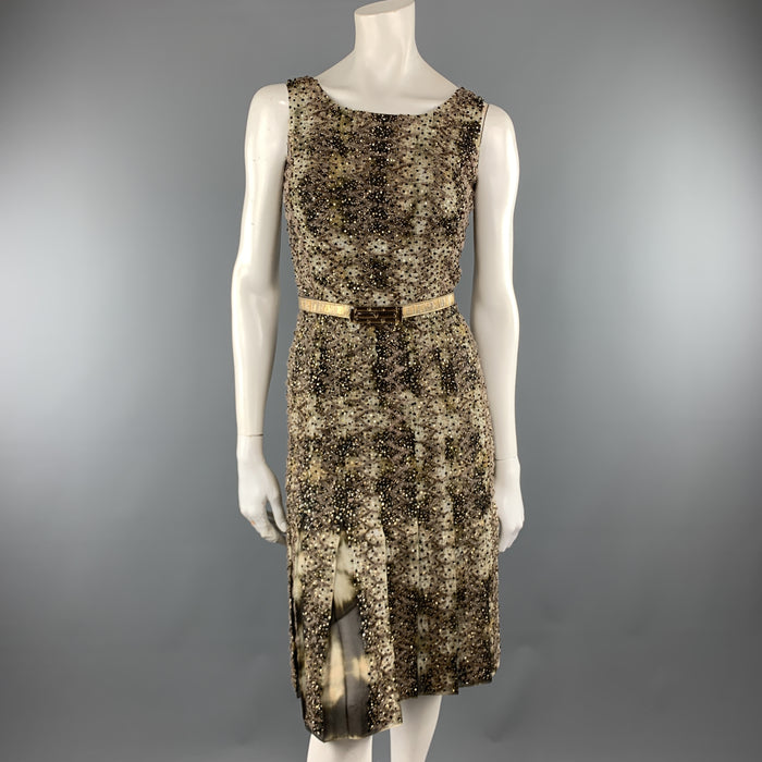 OSCAR DE LA RENTA Size 2 Green Tie Dye Taupe Embroidered Beaded Cocktail Dress