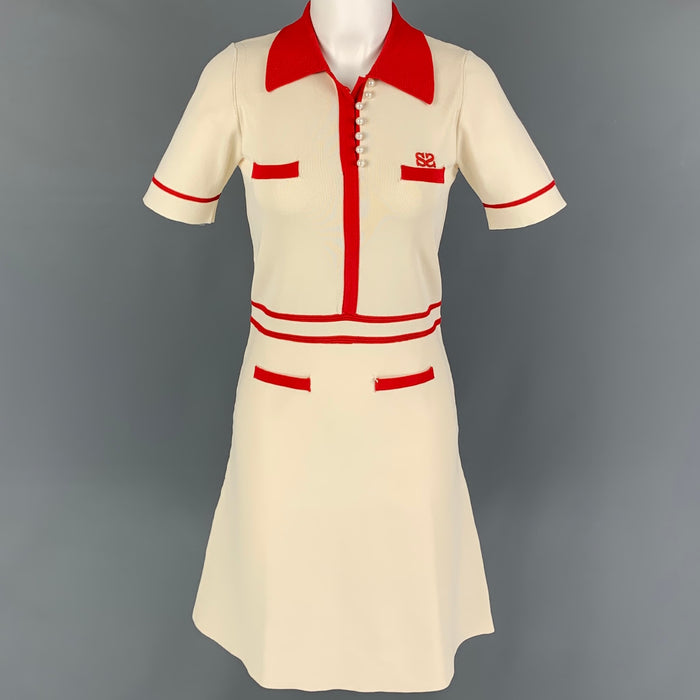 SANDRO Size 2 Cream Red Viscose Polyamide Short Sleeve Dress