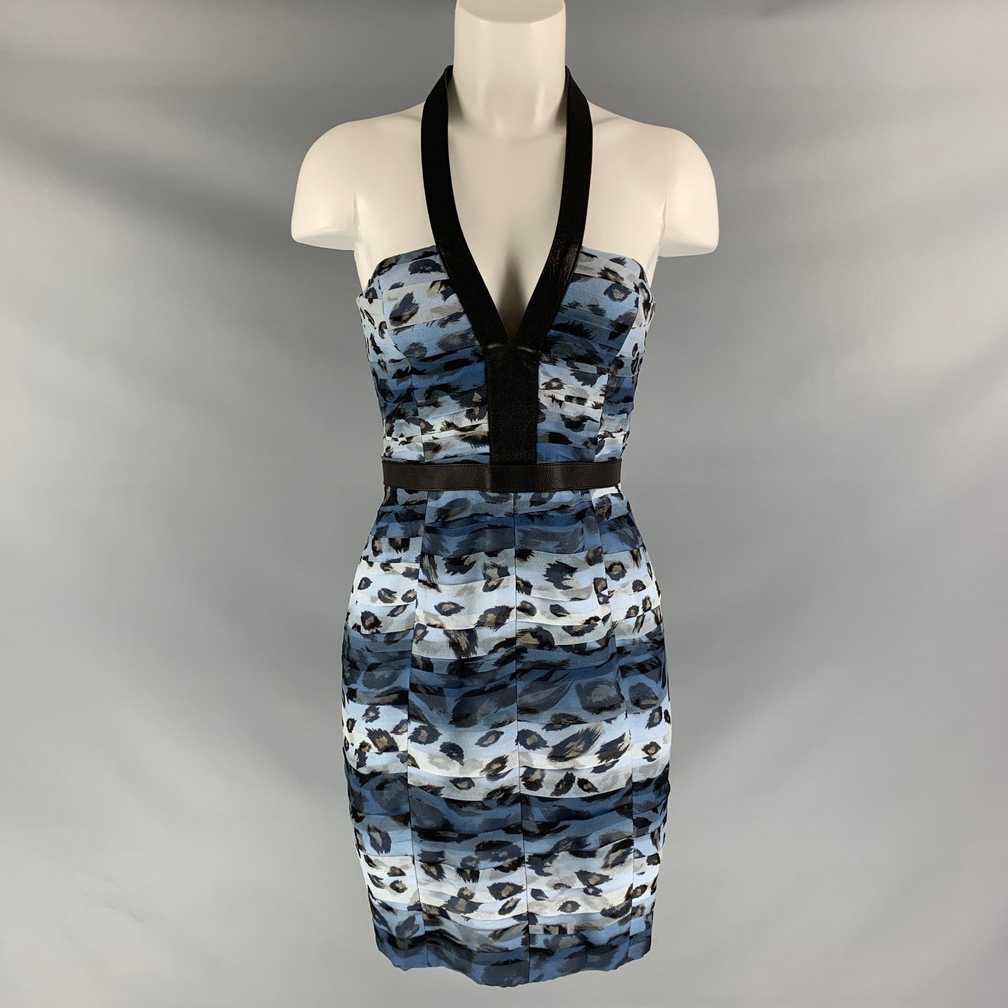 BURBERRY PRORSUM Spring 2011 Size 6 Blue Black Silk Camouflage Leather Sui Generis Designer Consignment BURBERRY PRORSUM Spring 2011 Size 6 Blue Black Silk Camouflage Leather Sui Generis Designer Consignment