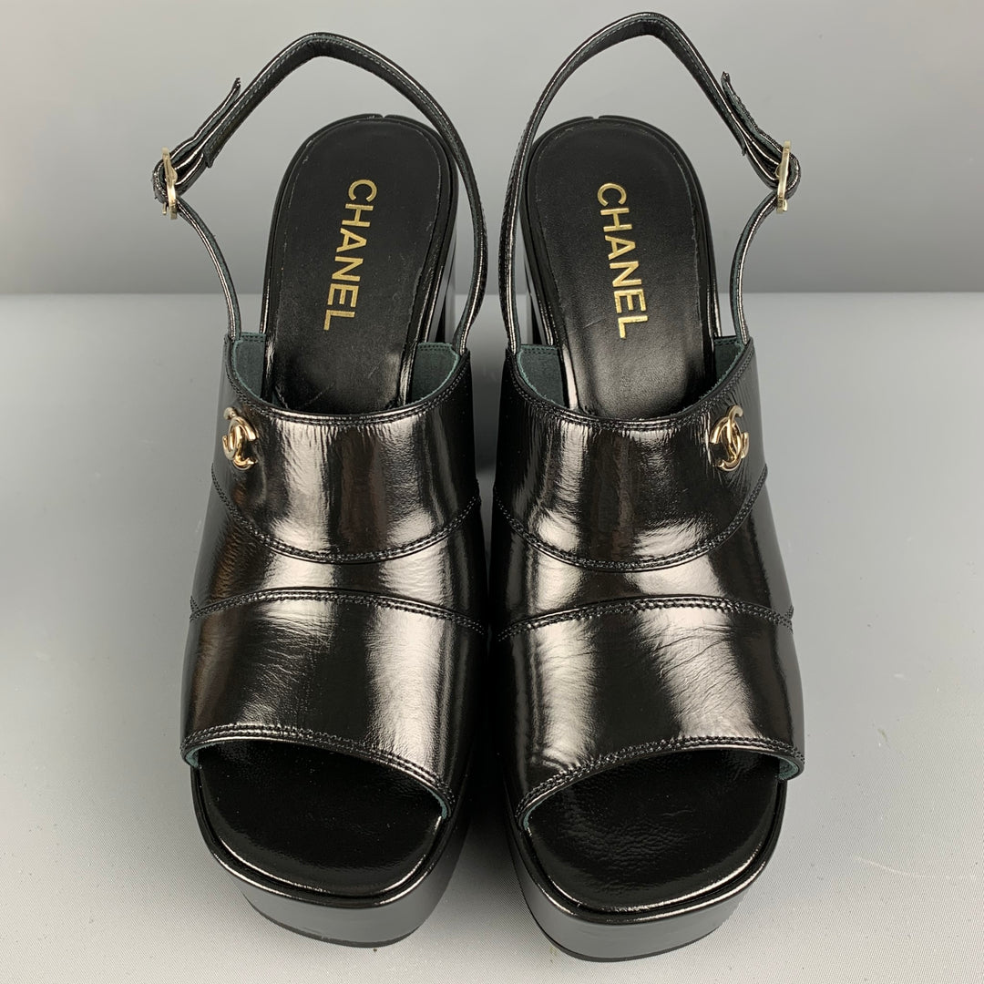 CHANEL Size 10.5 Black Patent Leather Platform Sandals