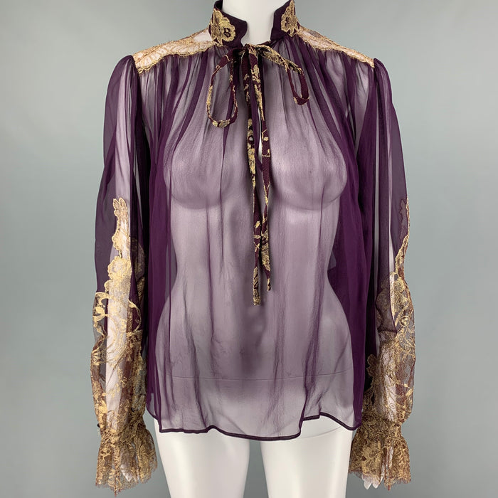 SALVATORE FERRAGAMO Size 2 Eggplant Gold Silk Lace Blouson Dress Top