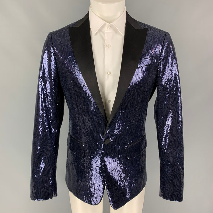 DSQUARED2 Size 40 Navy Black Sequined Polyester Peak Lapel Sport Coat