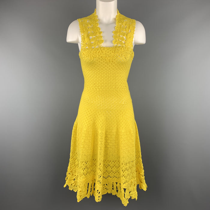 OSCAR DE LA RENTA Size XS Yellow Cotton Hand Knit Crochet Lace Sleeveless Cocktail Dress