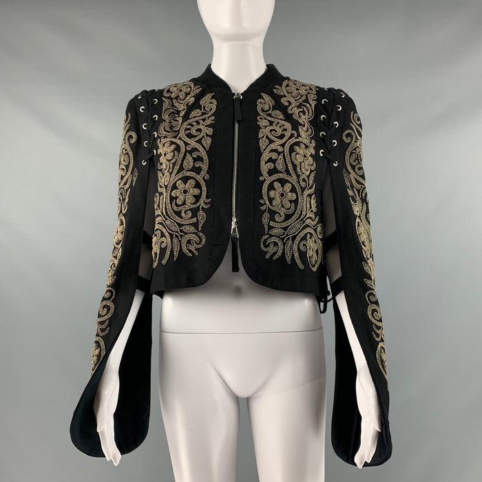 DRIES VAN NOTEN Size M Black Silver Wool Beaded Cropped Jacket