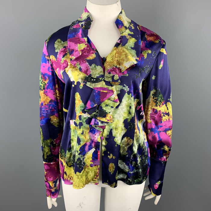ST. JOHN Size 12 Purple MultiColor Floral Silk Rufle Blouse