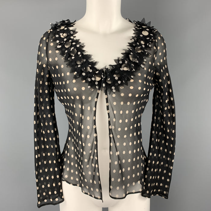 MOSCHINO Size 8 Black & Cream Polk Dot Silk Floral Cardigan Blouse