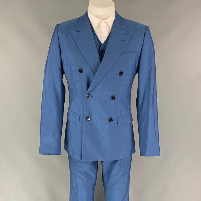 DOLCE & GABBANA Talla 38 Traje regular de 3 piezas con solapa de pico de lana / seda azul