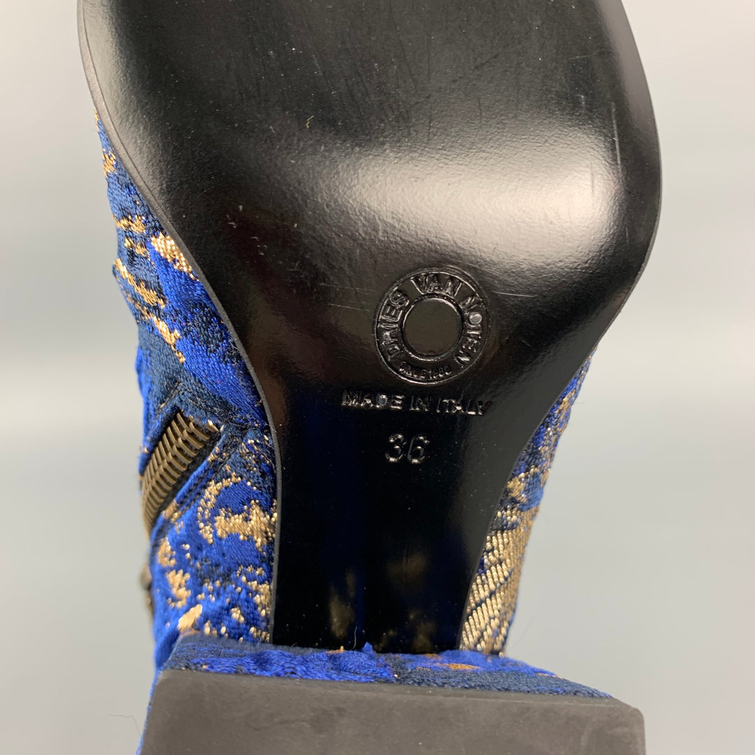 DRIES VAN NOTEN Size 6 Navy & Gold Jacquard Ankle Boots