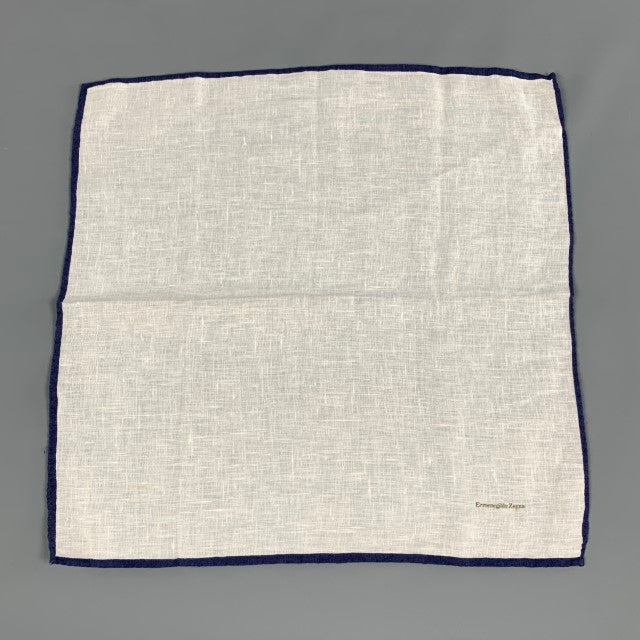 ERMENEGILDO ZEGNA Cream Navy Linen Pocket Square