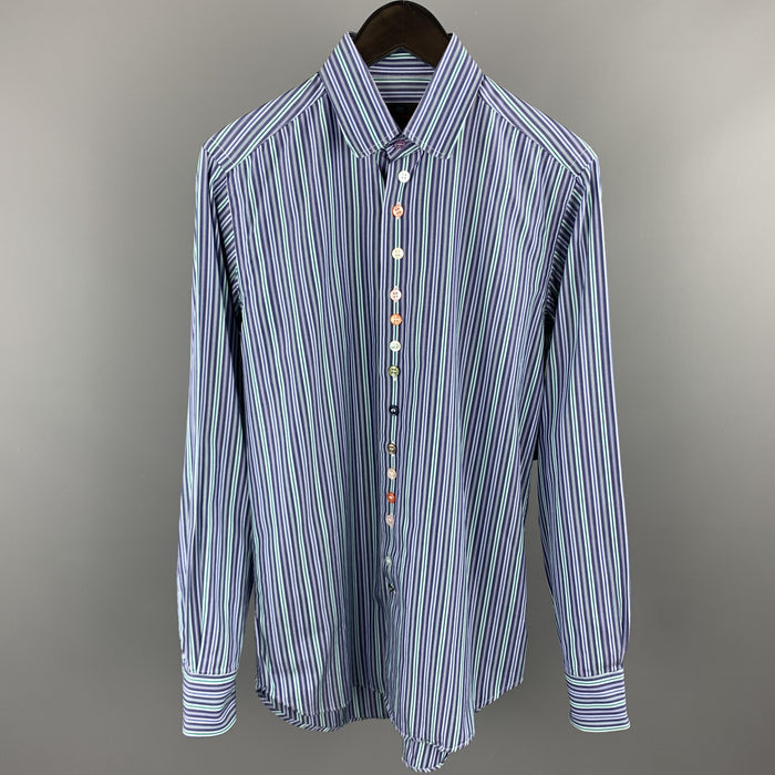 ETRO Size S Blue & Green Stripe Cotton Button Up Long Sleeve Shirt