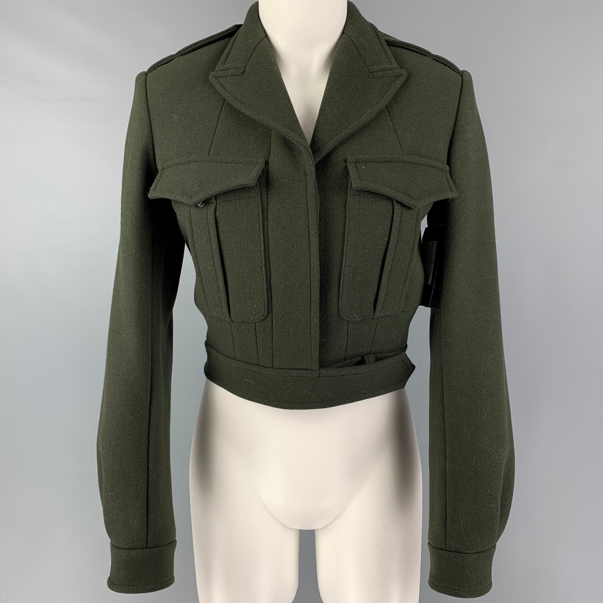 SAINT LAURENT Size 4 Dark Green Wool Cropped Military Jacket