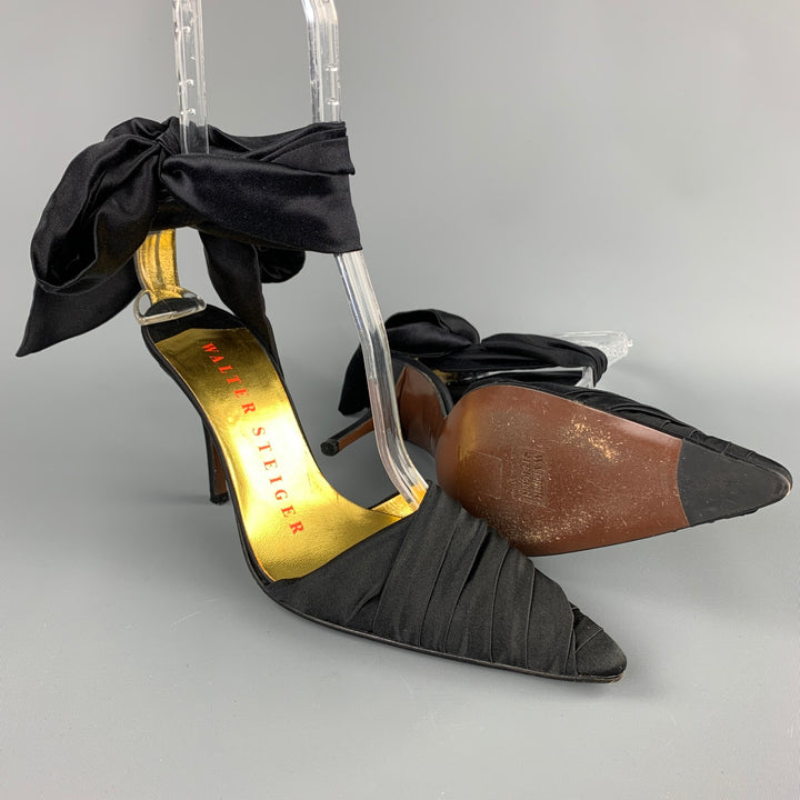 WALTER STEIGER Size 8 Black Satin Silk Ankle Strap Mules