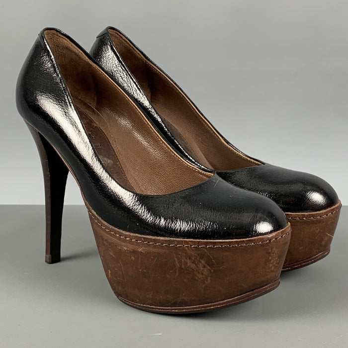 MARNI Size 5.5 Black Brown Two Tone Patent Leather Platform Pumps