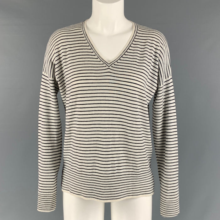 LORO PIANA Size S White Black Cashmere Stripe V-Neck Pullover