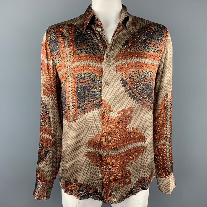 JUST CAVALLI Size L Copper & Brown Print Silk Button Up Long Sleeve Shirt