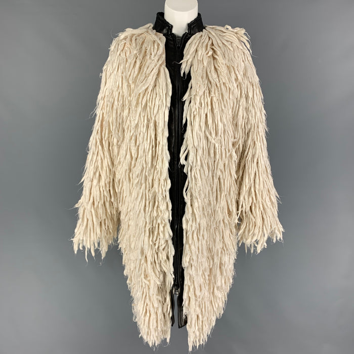 TOM FORD Size 2 White Black Silk Shaggy Leather Trim Zip Up Coat