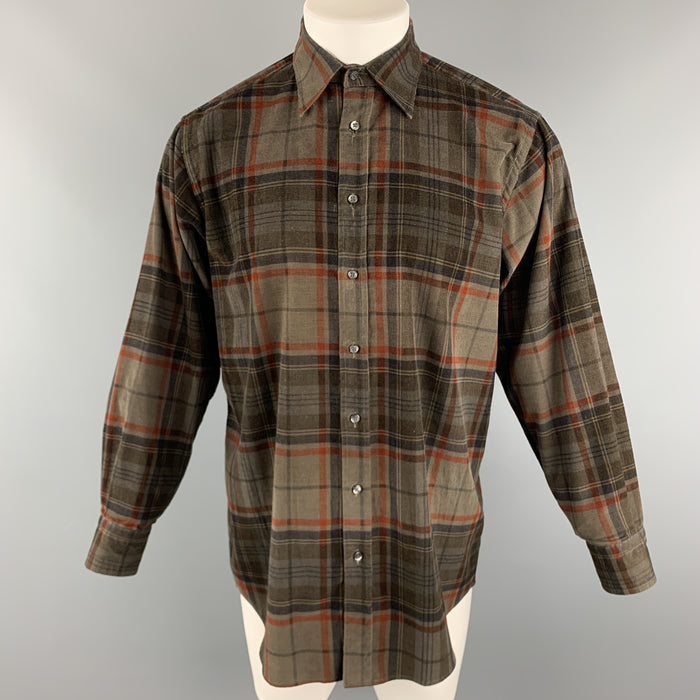 ETRO Size S Brown & Orange Plaid Corduroy Button Up Long Sleeve Shirt
