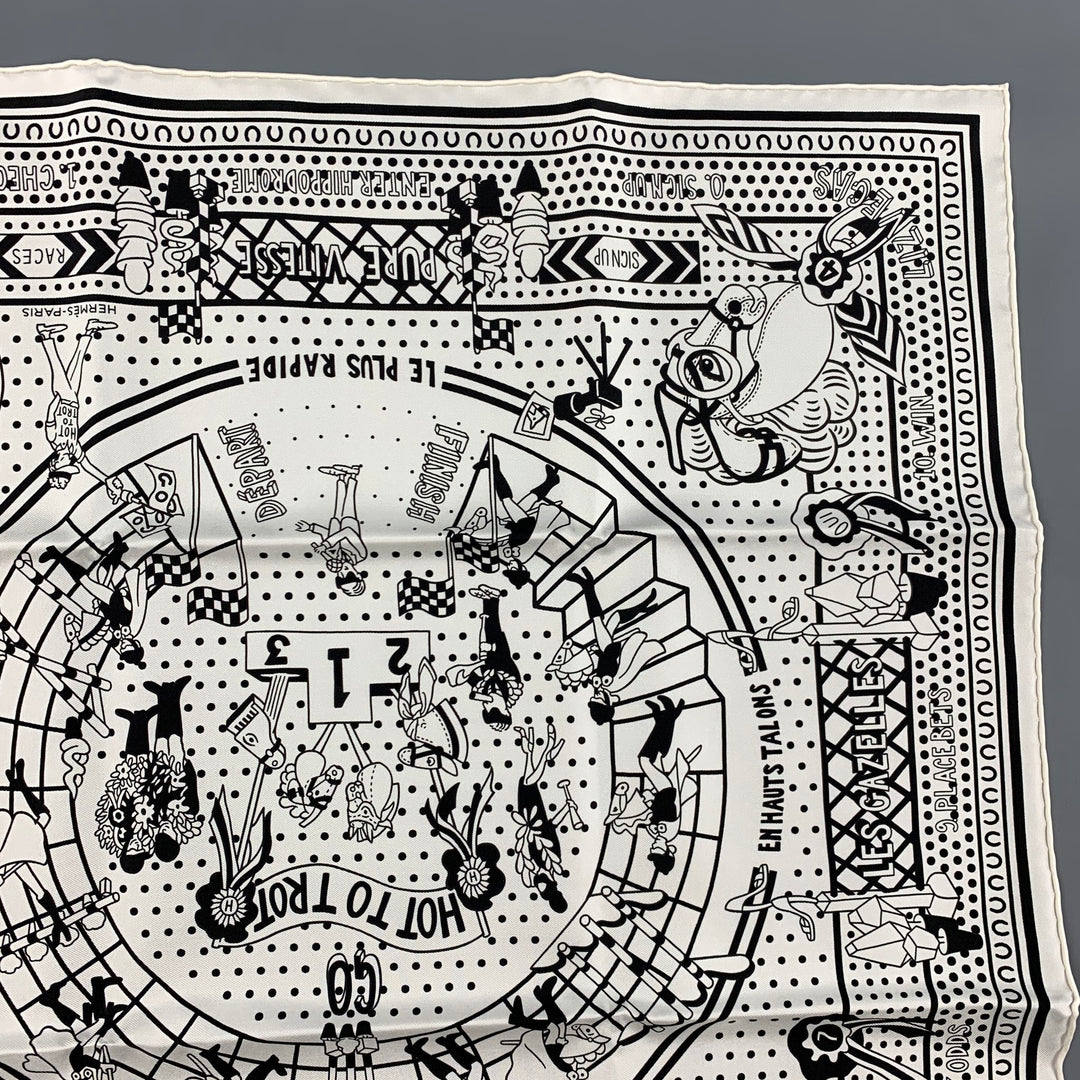 HERMES Hot to Trot Bufanda bandana de sarga de seda blanca y negra
