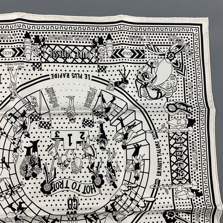 HERMES Hot to Trot Bufanda bandana de sarga de seda blanca y negra