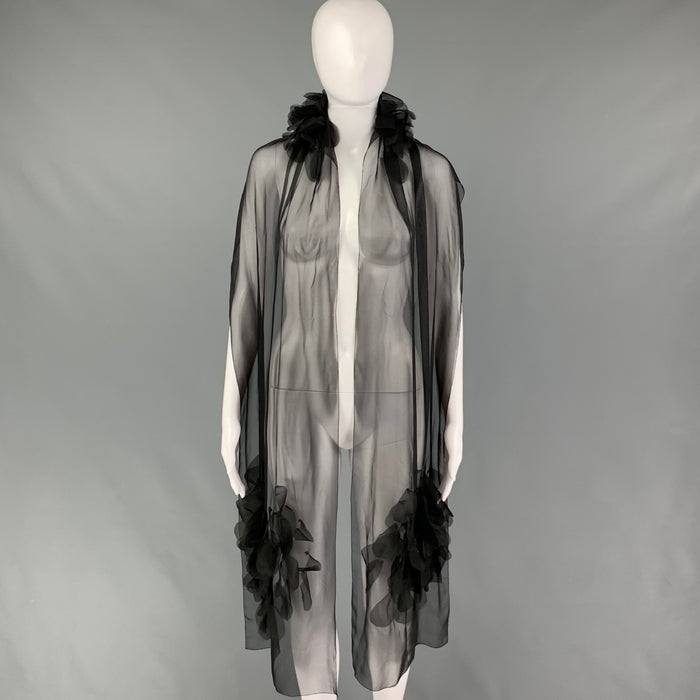 CHANEL Black Silk Large Floral Applique Rhinestone Scarf