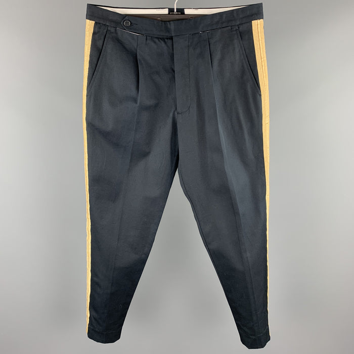 PALM ANGELS Size 32 Navy Cotton Gold Ribbon Stripe Button Fly Pleated Dress Pants