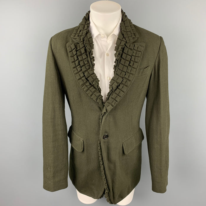 ANN DEMEULEMEESTER Size S Olive Cotton Ruffled Notch Lapel Sport Coat