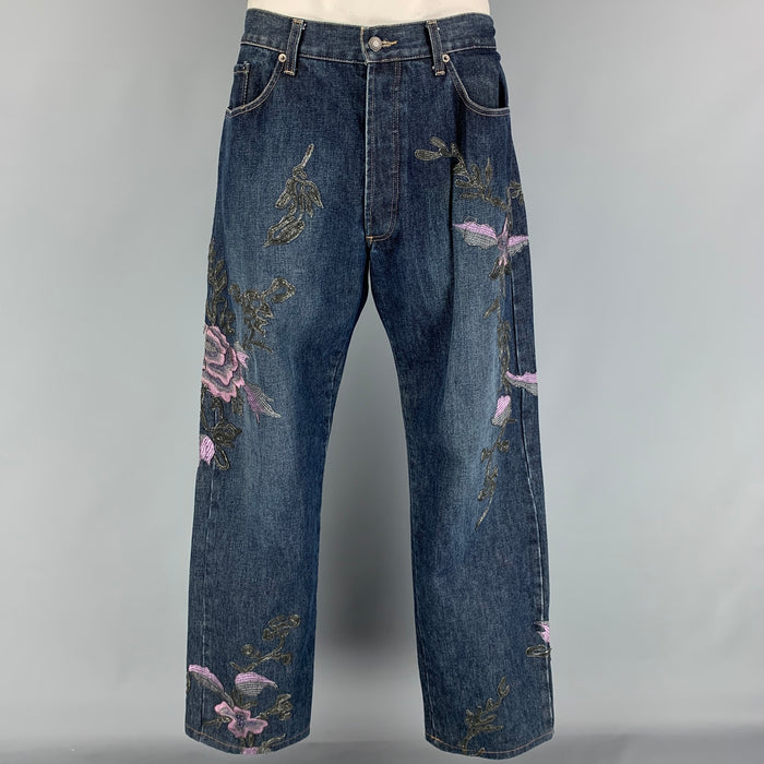 GUCCI by Tom Ford Fall 1999 Size 38 Blue Lavender Gunmetal Floral Embroidery Denim Jeans