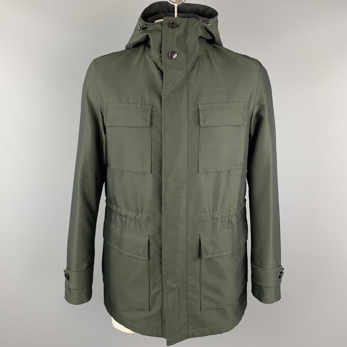 ERMENEGILDO ZEGNA Size 40 Olive Sharkskin Hooded Drawstring Anorak