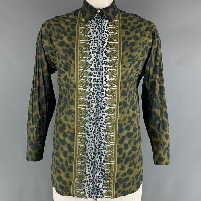 VERSUS by GIANNI VERSACE Size 44 Green Black Animal Print Long Sleeve Shirt