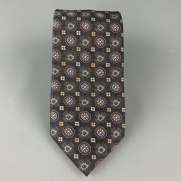 ERMENEGILDO ZEGNA Charcoal & PLum Floral Pattern Silk Tie