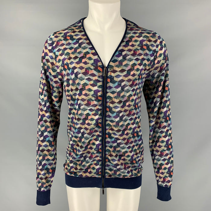 ALEXANDER MCQUEEN Size S Navy Multicolour Mixed Patterns Silk & Cotton Cardigan