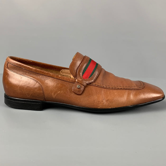 Vintage GUCCI Size 7.5 Tan Green Red Slip On Loafers