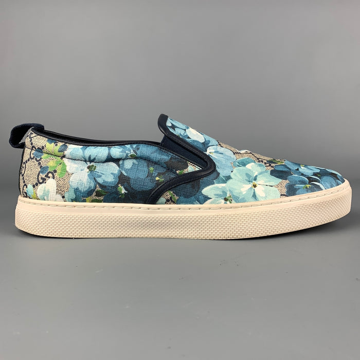 GUCCI GG Supreme Monogram Blooms Dublin Size 9 Blue & White Floral Coated Canvas Slip On Sneakers
